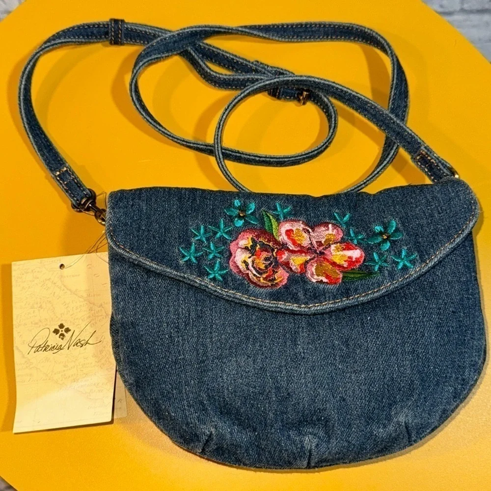 Patricia Nash Granada Boho Floral Denim Embroidered Crossbody Bag Casual Purse